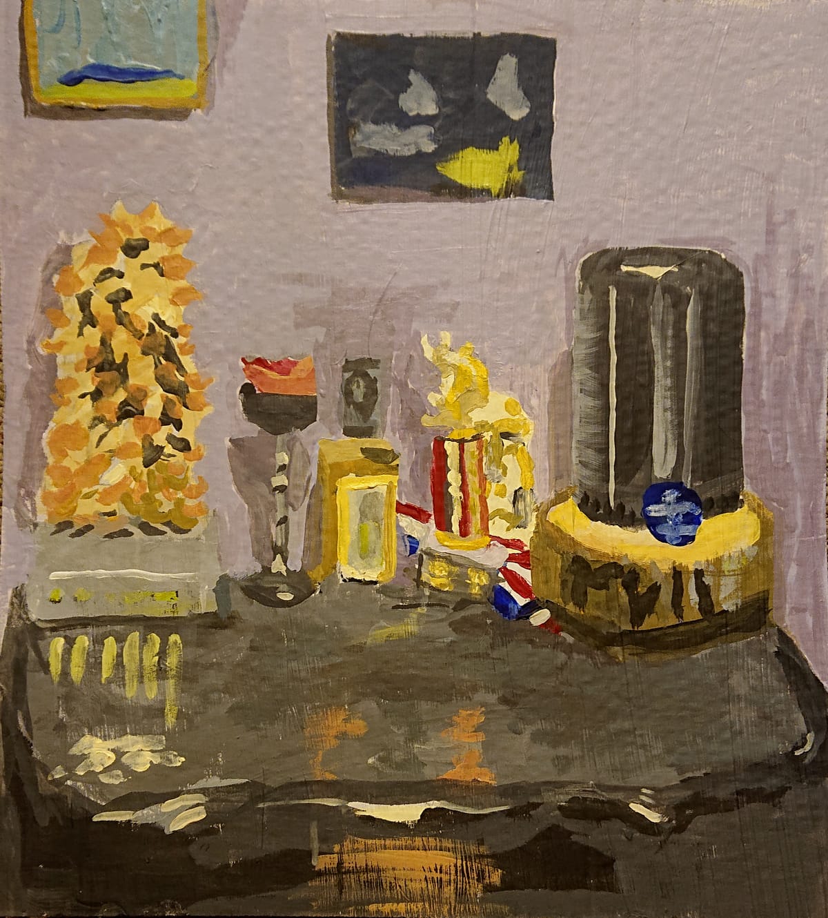 it's an abstract stil life painting, the top of a bureau, a router with lights, a slice of a tree, black cylinder, giant pinecone, some red white and blue ribbon